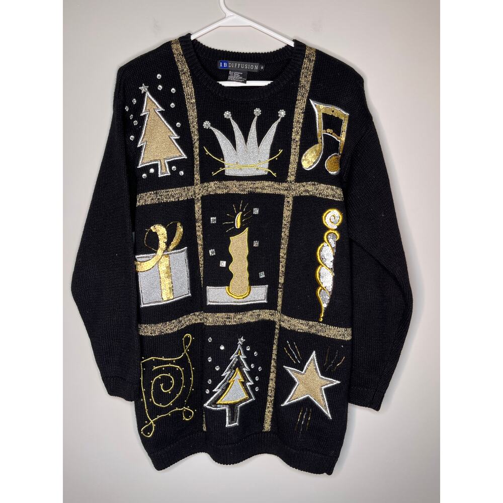 1980s IB Diffusion Black Gold Silver Christmas Patchwork Sparkle Sweater S